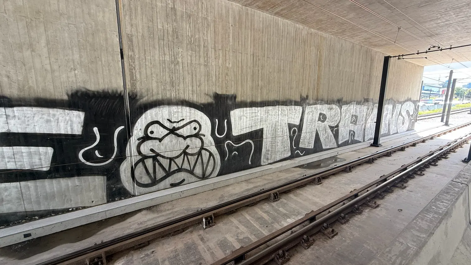 Concrete wall extensively covered with graffiti at a railway underpass in Rostock before repair
