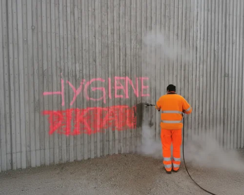 Mitarbeiter bei der Graffiti-Entfernung an einer Betonwand mit Hochdruckreinigung