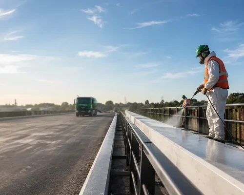 Mitarbeiter bei der Hydrophobierung einer Betonfläche an einer Brücke