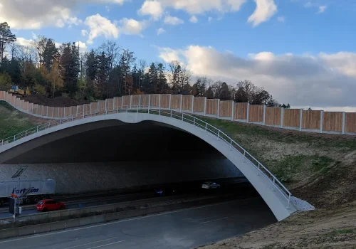 Larch noise barrier at an underpass after graffiti removal and anti-graffiti coating